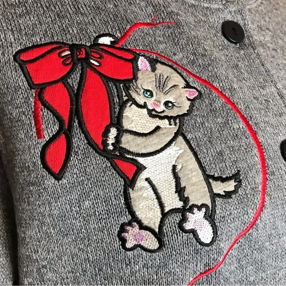Vintage Holiday Embroidery Kitty Ugly Sweater Christmas Button Festive 90's Y2K - Picture 9 of 16